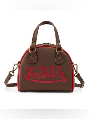 Von Dutch Bowling Bag Brown Red Crossbody Dome Purse Vegan Leather Y2K